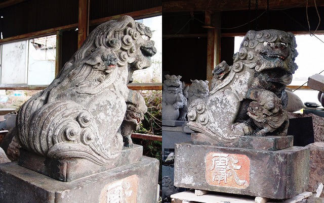江戸狛犬尾流れ子付き修復