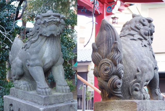 新宿区　<b>筑土八幡神社</b> 文化07年05月 作者不明　尻尾の先端が外側に反ったタイプの宝珠狛犬