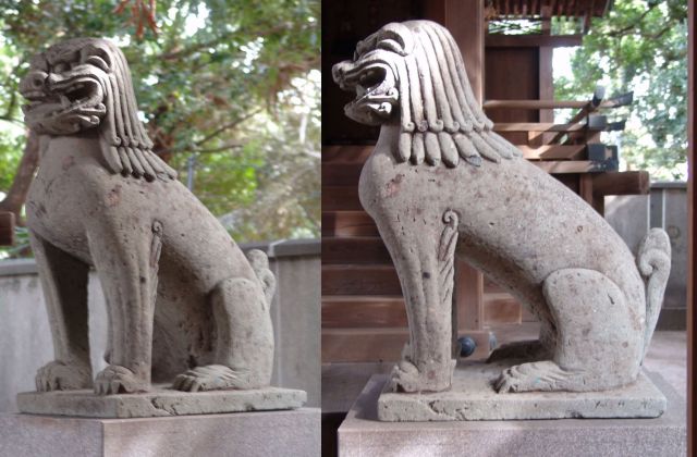 <b>糠目犬頭神社　慶長15年(1610)</b>　大型で良く造りこまれた越前獅子狛犬